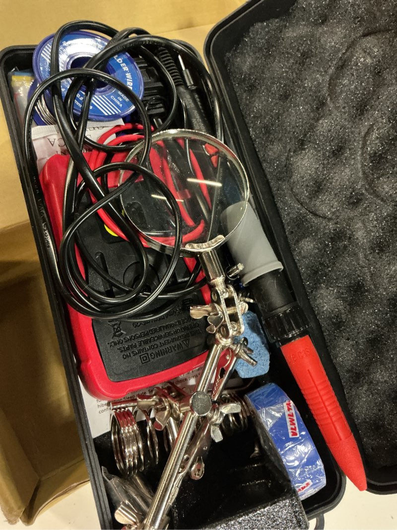 Condition photo showing Good Condition for soldering iron kit, 80w electric solder iron, adjustable temperature (180°c- 500°c?, with multimeter, magnifier welding helping hand, heat shrink tubing, solder wire, desoldering pump. red (14-in-1 soldering iron kit)
