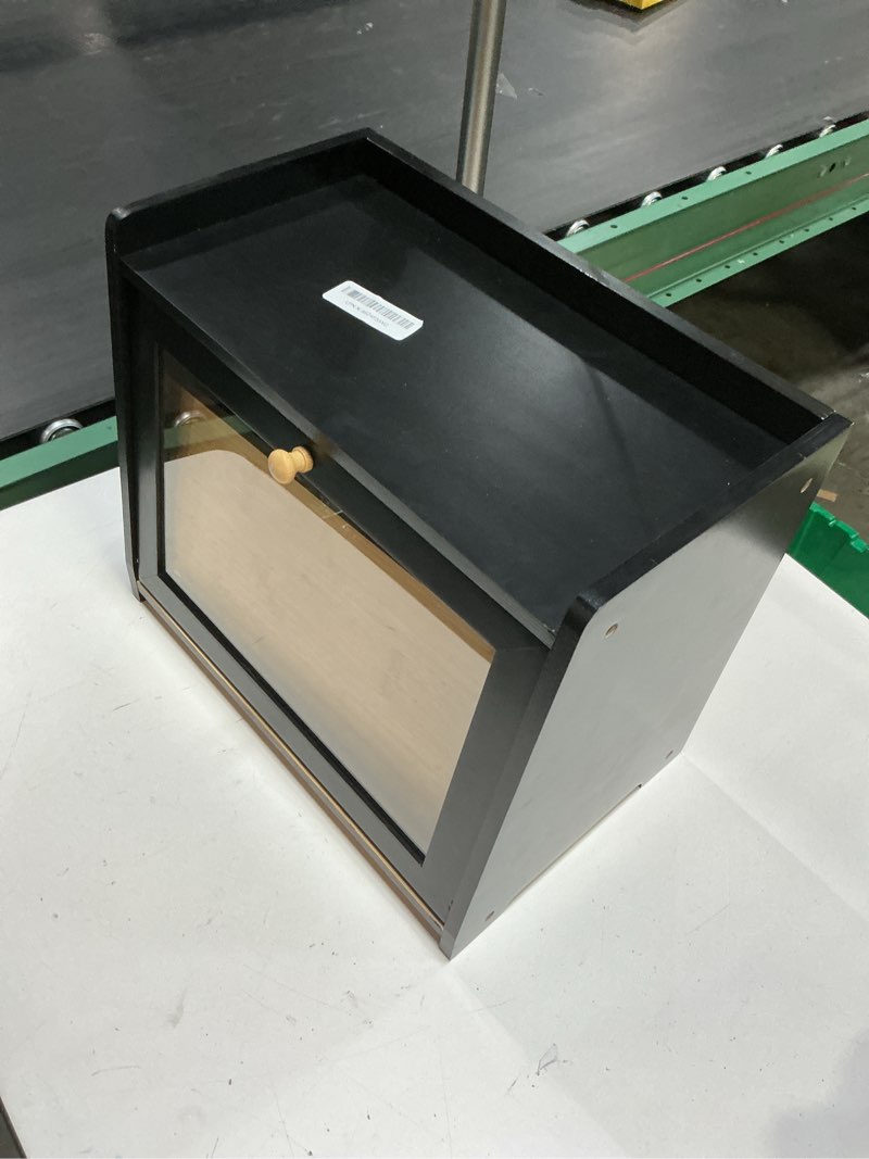 Condition photo showing As Is for HOMEKOKO Wood Bread Box for Kitchen Counter, Single Layer Bamboo Large Capacity Food Storage Bin (BLACK)