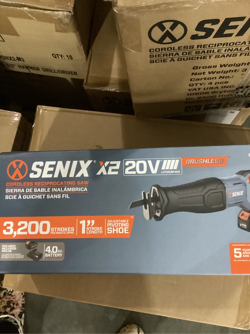Condition photo showing New/Like New for senix 20 volt max* cordless reciprocating saw, 3200 spm, brushless motor, variable speed, & quick blade release, battery, & charger included (psrx2-m3)