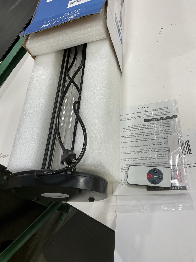 Condition photo showing As Is for 100w uv light with ozone, 3-gear timer & remote control, home purification device, dust mite & mold eliminator, bed bug remover for bathroom, bedroom, basement