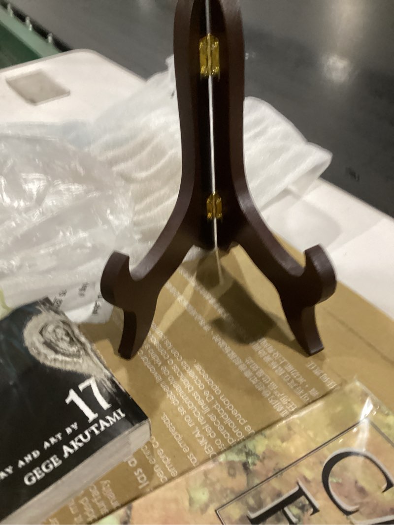 Condition photo showing Good Condition for uxcell 6" Easel Plate Holder, Wooden Folding Display Stand Brown for Decorative Picture Frame