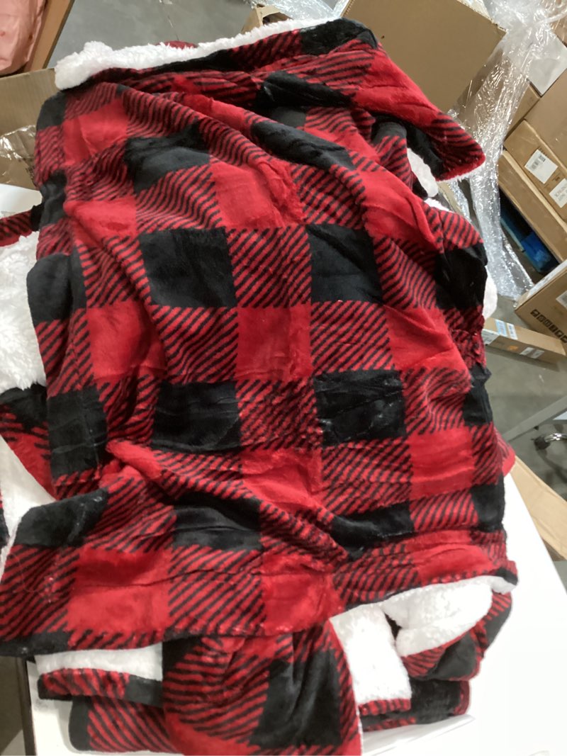 Condition photo showing As Is for Amazon Basics 3 Piece Bedding Set, Micromink Sherpa, Ultra-Soft, Warm All Season Comforter, King, Red Buffalo Plaid Red Buffalo Plaid King