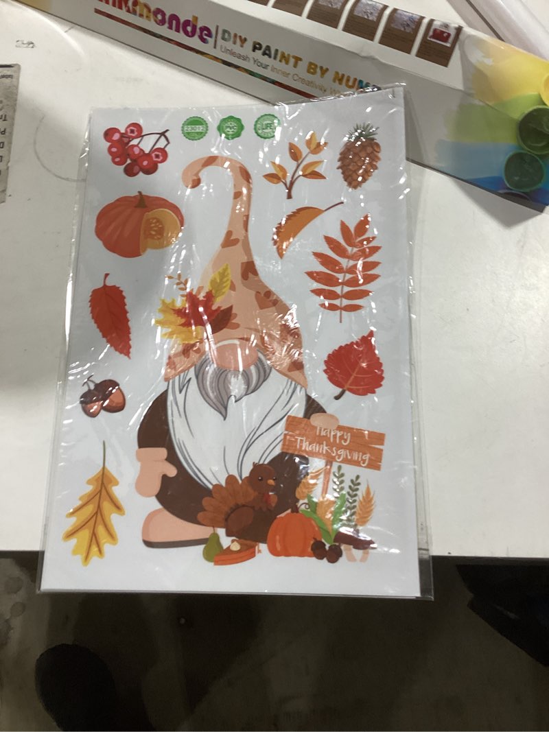Condition photo showing New/Like New for Fall Gnome Window Clings, 93Pcs Thanksgiving Gnome Clings Fall Leaves Window Decals Stickers for Glass Windows for Thanksgiving Autumn Home Party Windows Decorations