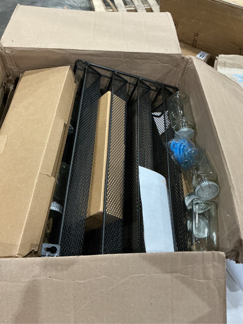 Condition photo showing As Is for spaceaid spice rack organizer with 36 spice jars, 386 spice labels, chalk marker and funnel set for cabinet, countertop, pantry, cupboard or door & wall mount - 36 jars, 17.2" w × 10.8" h, black 36 jars, 17.2"w × 10.8"h black