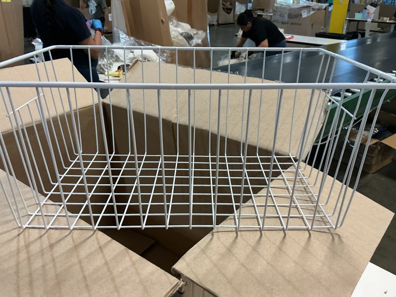 Condition photo showing As Is for ipegtop wire storage freezer baskets, set of 2 13.4" household organizer storage bins fridge basket rack with handles for kitchen cabinets, pantry, office, bathroom organization - white white 13.4"-2 pack