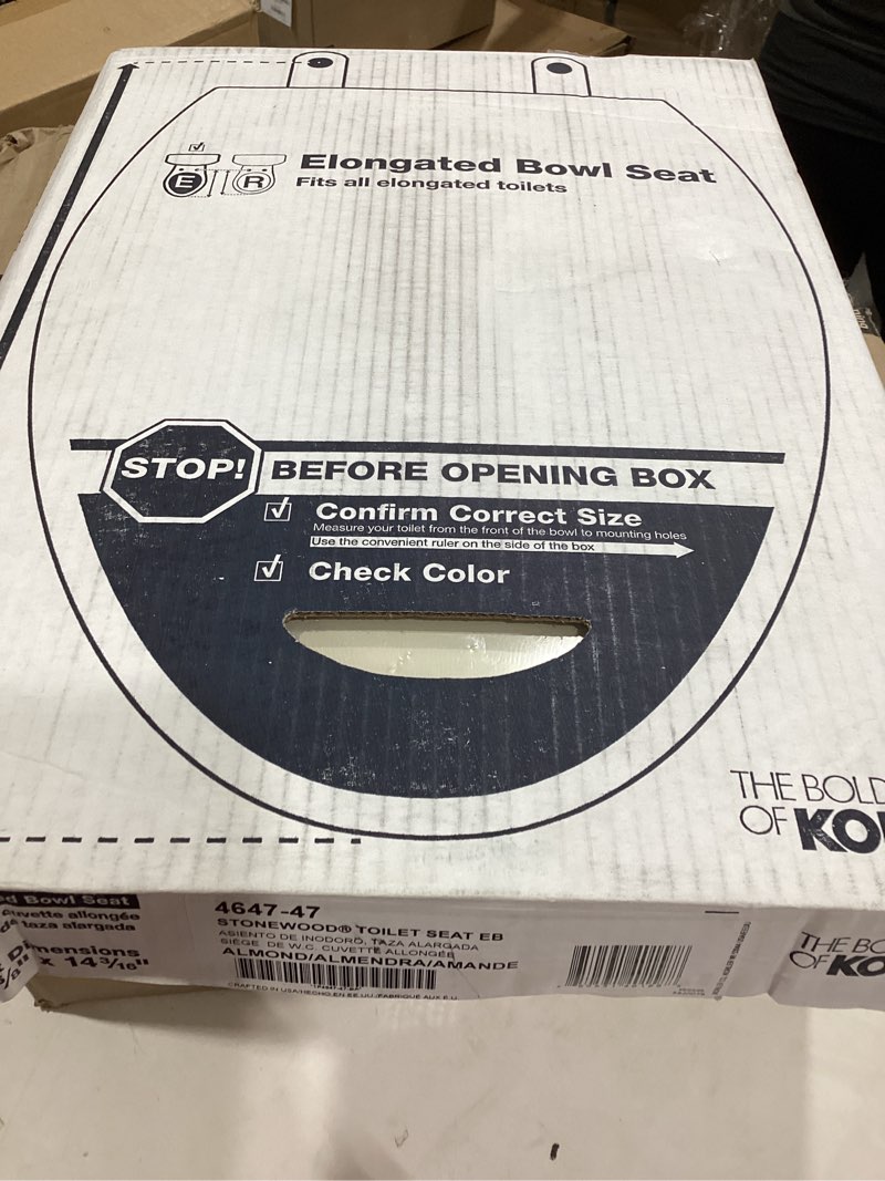 Condition photo showing Good Condition for kohler k-4647-47 stonewood molded-wood with color-matched plastic hinges elongated toilet seat, almond almond elongated