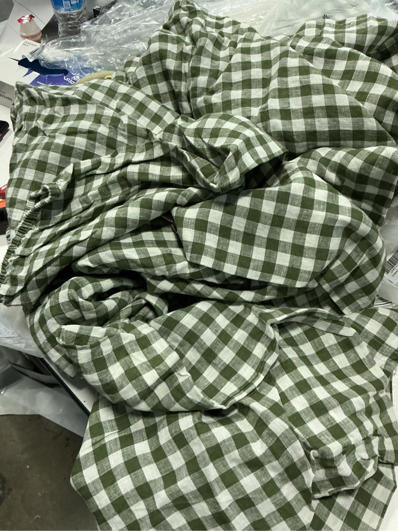 Condition photo showing As Is for european linen fitted sheet set, twin, olive gingham
