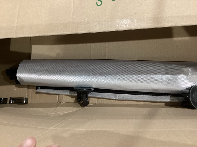 Condition photo showing As Is for retractable windshield sun shade - 99% uv & heat block, 420d fabric, universal fit for cars trucks suvs (not for large trucks/contoured windshields.)