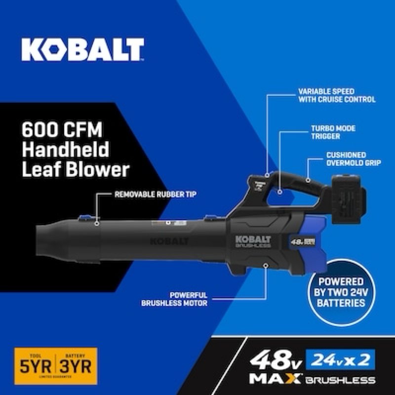 kobalt 48v max (24vx2) 600 cfm / 150 mph handheld leaf blower