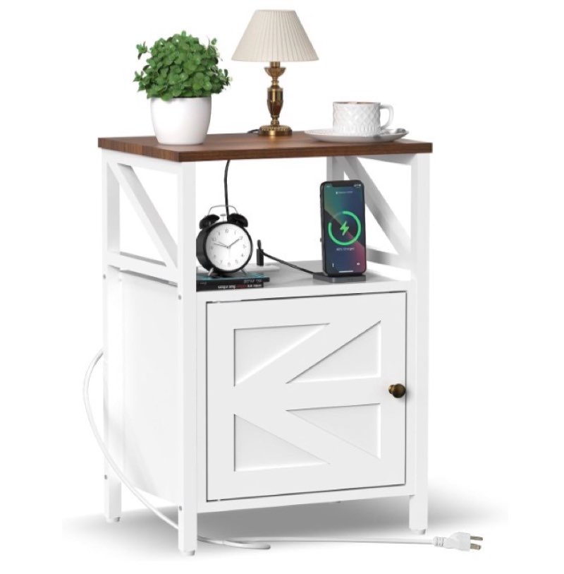 farmhouse side table with charging station -3-tier usb ports & outlets end table, compact bedside st