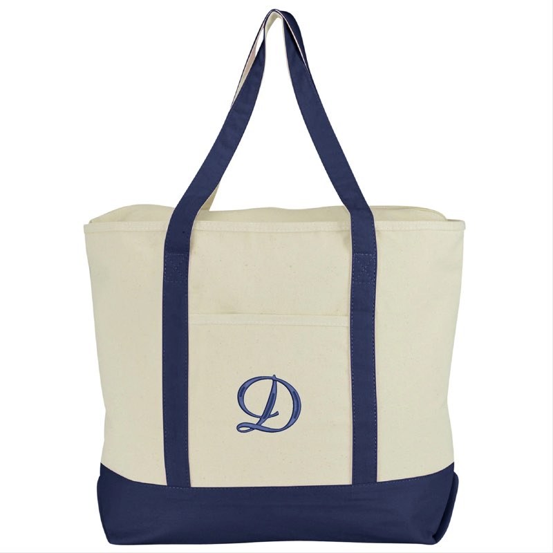 Item similar// Ports Authority Sofia University white canvas tote bag with navy blue straps.