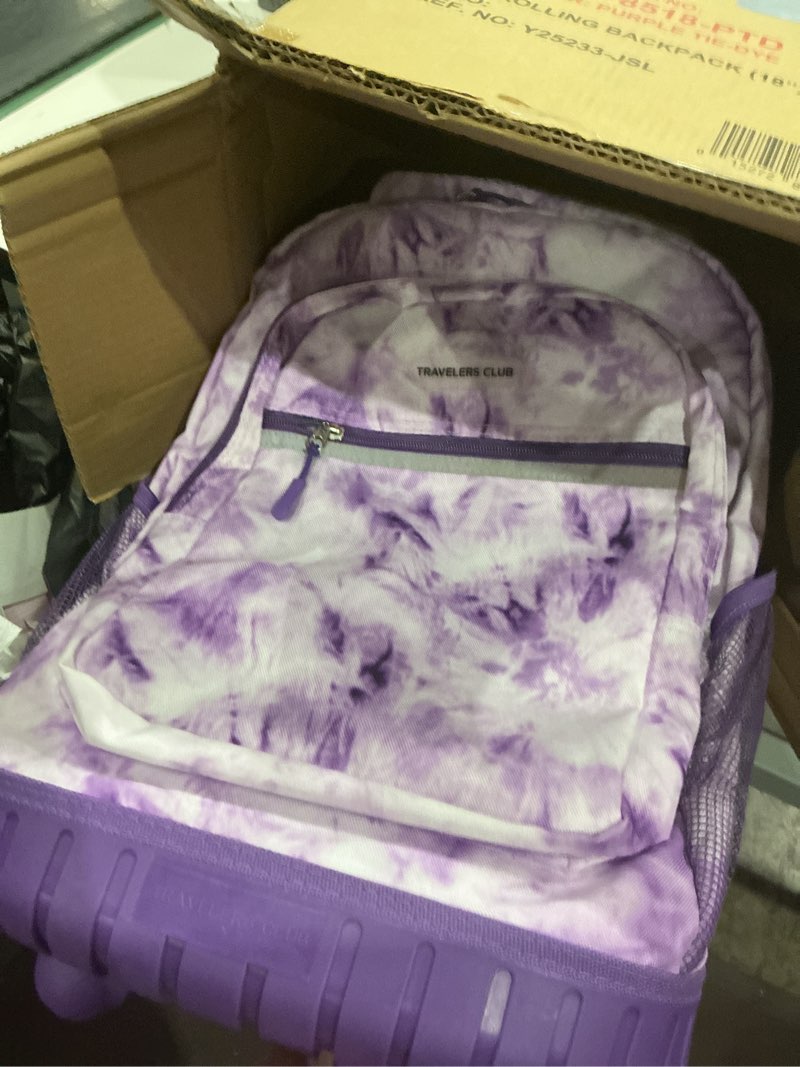 Condition photo showing New/Like New for travelers club 18" rolling backpack with shoulder straps, purple tye 18 inch purple tie