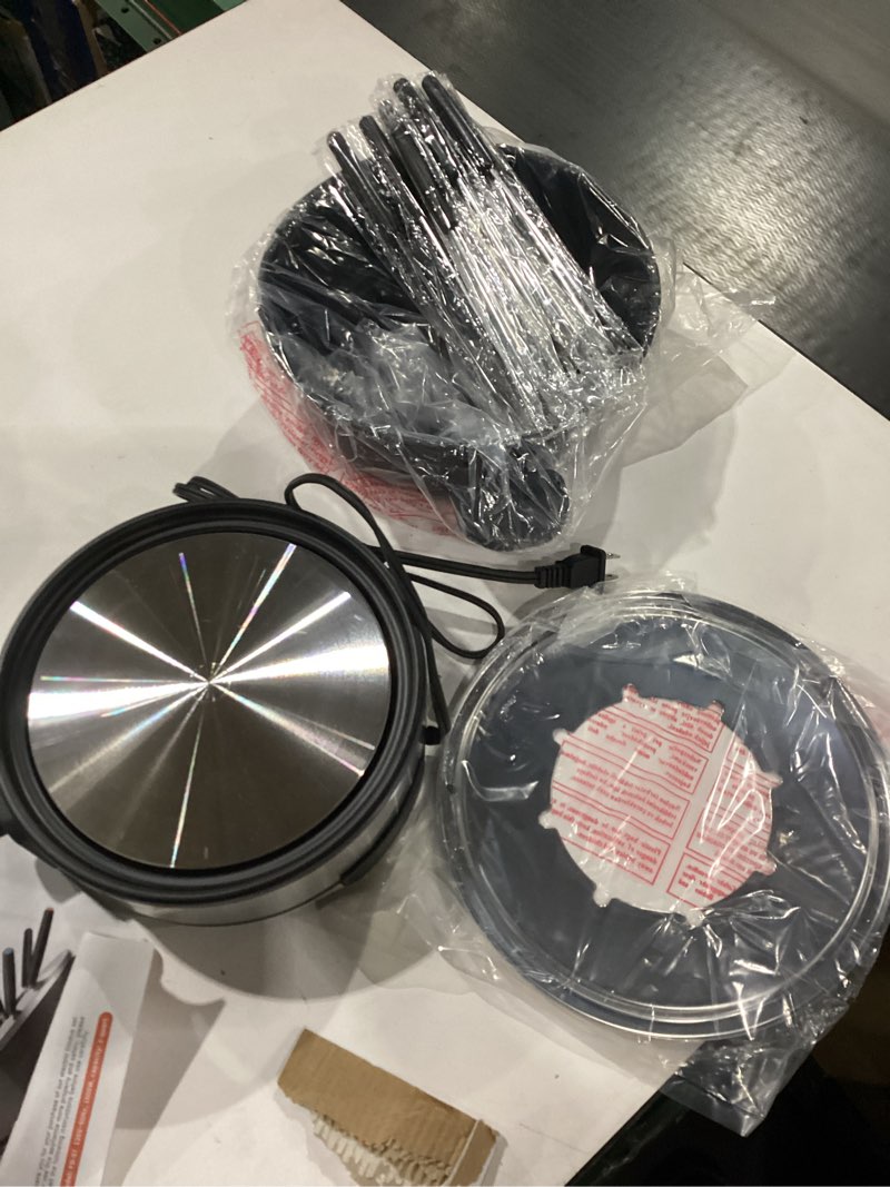 Condition photo showing New/Like New for Stainless Steel Fondue Pot with Temperature Control, Forks, Cups, and Rack, 2-Quart, Non-Stick, Perfect for Chocolate, Cheese, Caramel, Marshmallows, Great for Valentine's Day 9.3"(L)*8"(W)"*6"(H)
