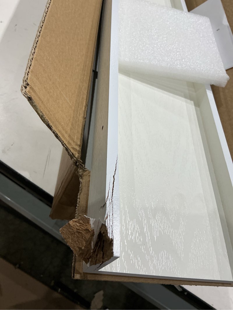 Condition photo showing As Is for upsimples floating shelves for wall, 23.6 inch shelves for decor storag   wall mounted wood shelf for bedroom, living room, bathroom, kitchen, long picture ledge shelves, white white 23.6in