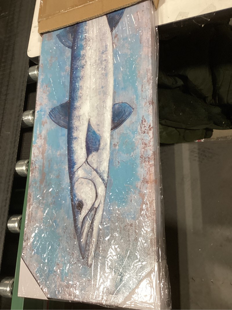 Condition photo showing New/Like New for Yihui Arts Blue and White Fish Canvas Wall Art – Coastal Paintings with Textured for Living Room Bedroom Bathroom Decor Blue Fish 36"L x 12"W