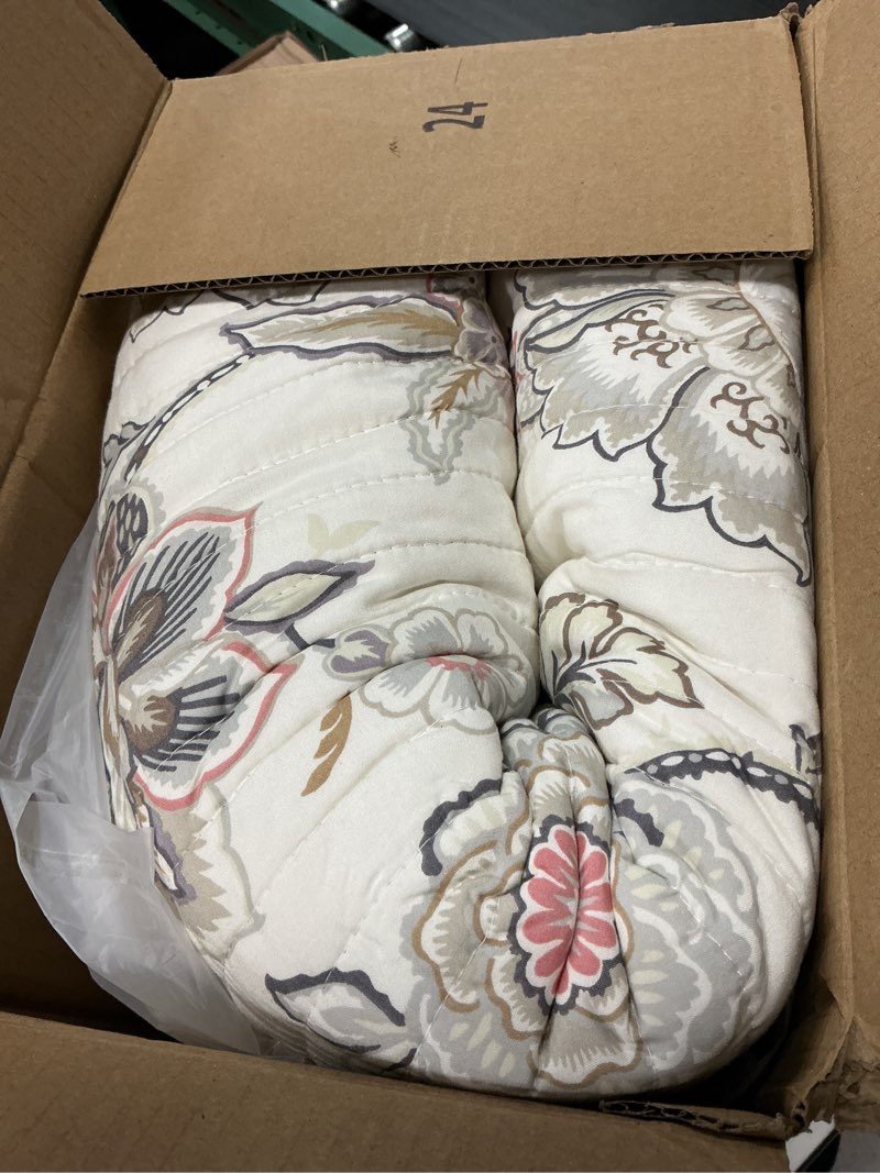 Condition photo showing Good Condition for levtex home - ophelia quilt set - king quilt and two king shams - floral - taupe grey cream blush - quilt (106x92in.) and shams (20x36in.) - reversible - rayon/cotton quilt - king/cal king blush