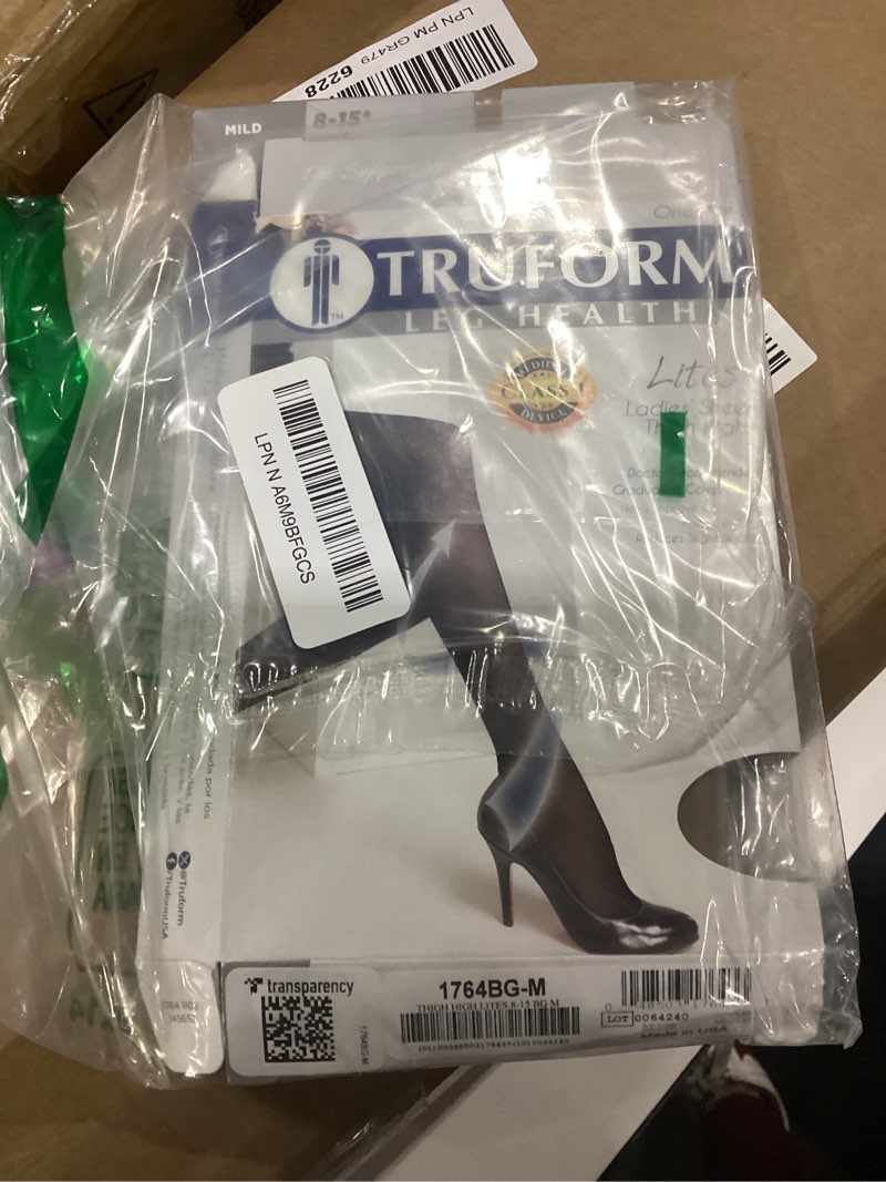 Condition photo showing Good Condition for truform sheer compression stockings, 8-15 mmhg, women's thigh high length, 20 denier, beige, medium beige medium (1 pair)