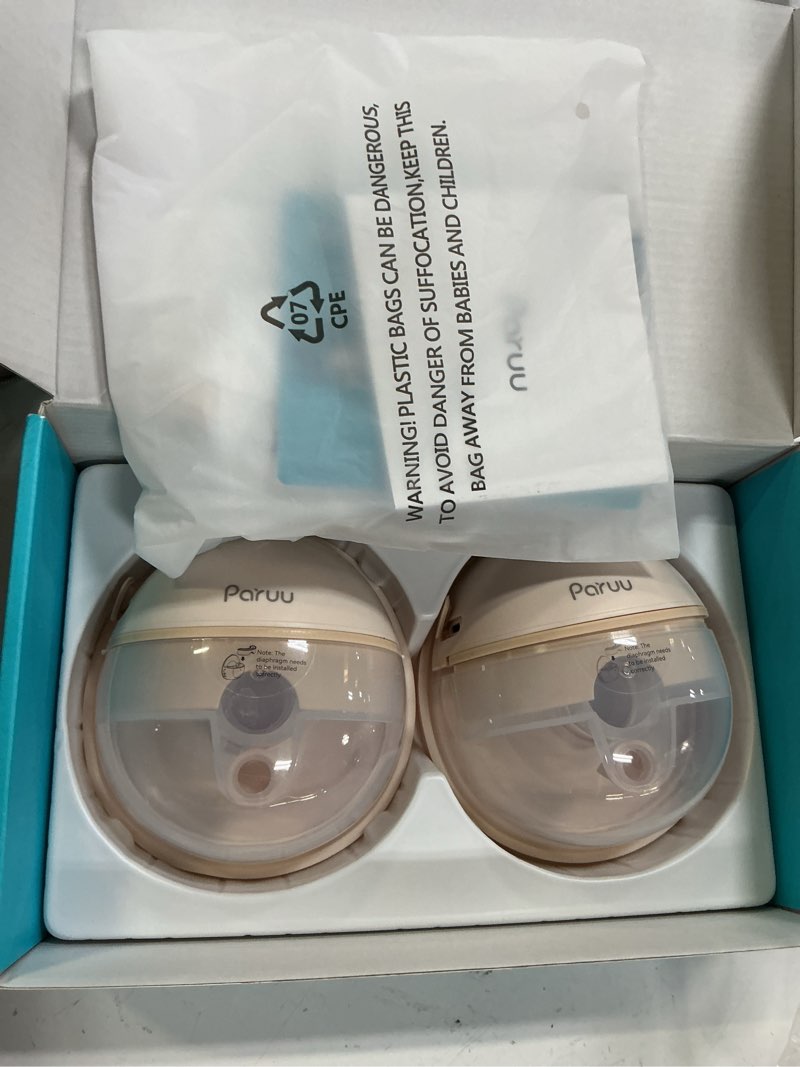 Condition photo showing As Is for paruu hands free breast pump p16, wearable breast pump electirc portable with 4 modes & 12 levels, max 309mmhg strong suction 19/21/24mm flange inserts wearable breastfeeding pump, 2 pack?nude