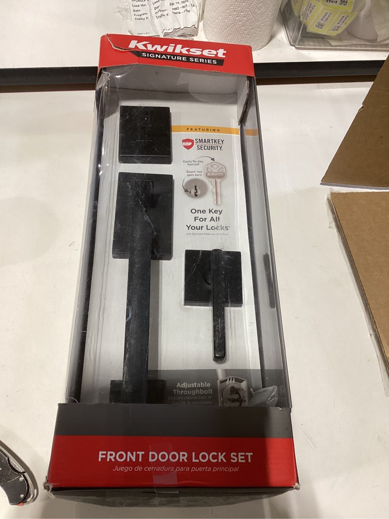Condition photo showing Good Condition for kwikset san clemente front door lock handle and deadbolt set, entry handleset exterior with interior reversible lever, matte black, pick resistant smartkey rekey deadbolt security matte black with handle keyed entry