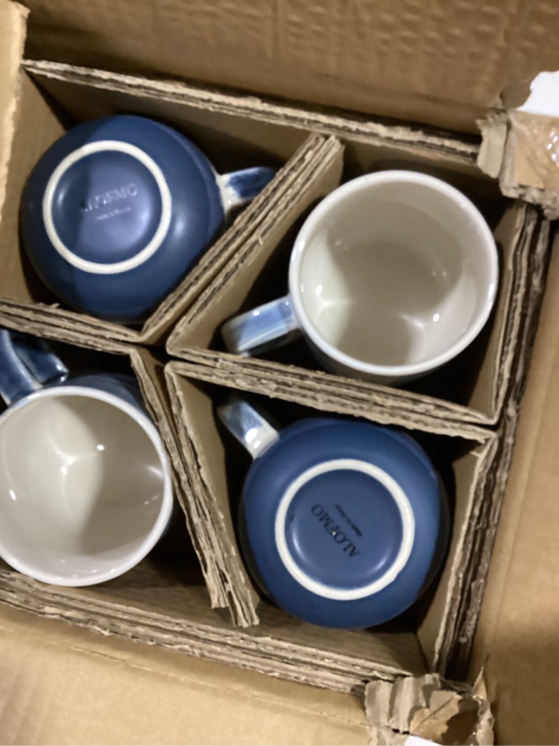 Condition photo showing Good Condition for coffee mugs, set of 4 ceramic mugs with blue and white gradient stripes, 12oz modern cups with comfortable handle - dishwasher & microwave safe, design for home, office, daily use