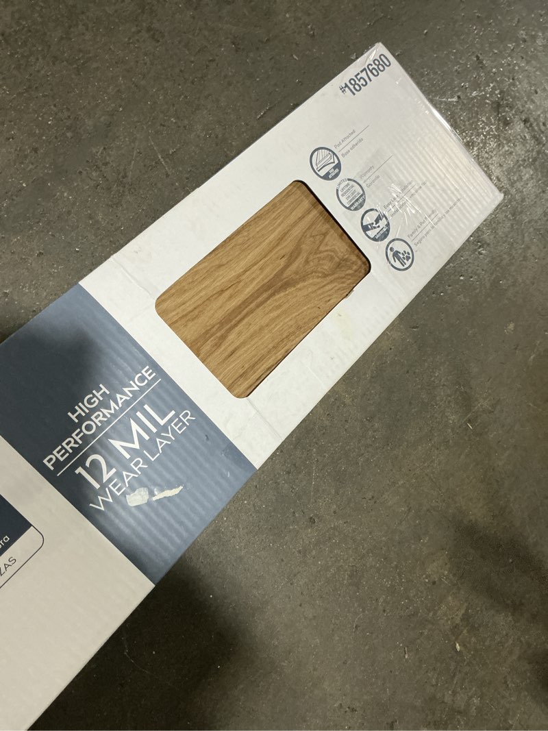 Condition photo showing As Is for style selections jamestown hickory brown 12-mil x 7-in w x 48-in l waterproof interlocking luxury vinyl plank flooring (23.21-sq ft/ carton)