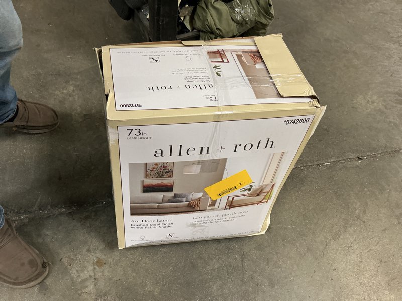 Condition photo showing As Is for allen + roth 73-in brushed steel arc floor lamp with fabric shade