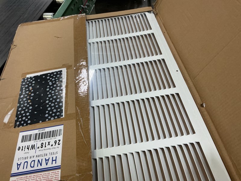 Condition photo showing Good Condition for fits 26x18 duct opening | steel return air grille by handua | vent cover grill for sidewall and ceiling | white | hvac cold air intake grille | outer dimensions: 27.75"w x 19.75" 1 26"w x 18"h [duct opening]