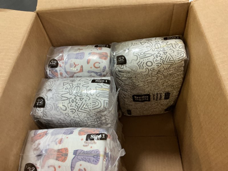 Condition photo showing Good Condition for hello bello premium diapers, size 1 (8-12 lbs) surprise pack for girls - 128 count, hypoallergenic with soft, cloth-like feel - assorted girl & gender neutral patterns girl/neutral (assorted style) size 1