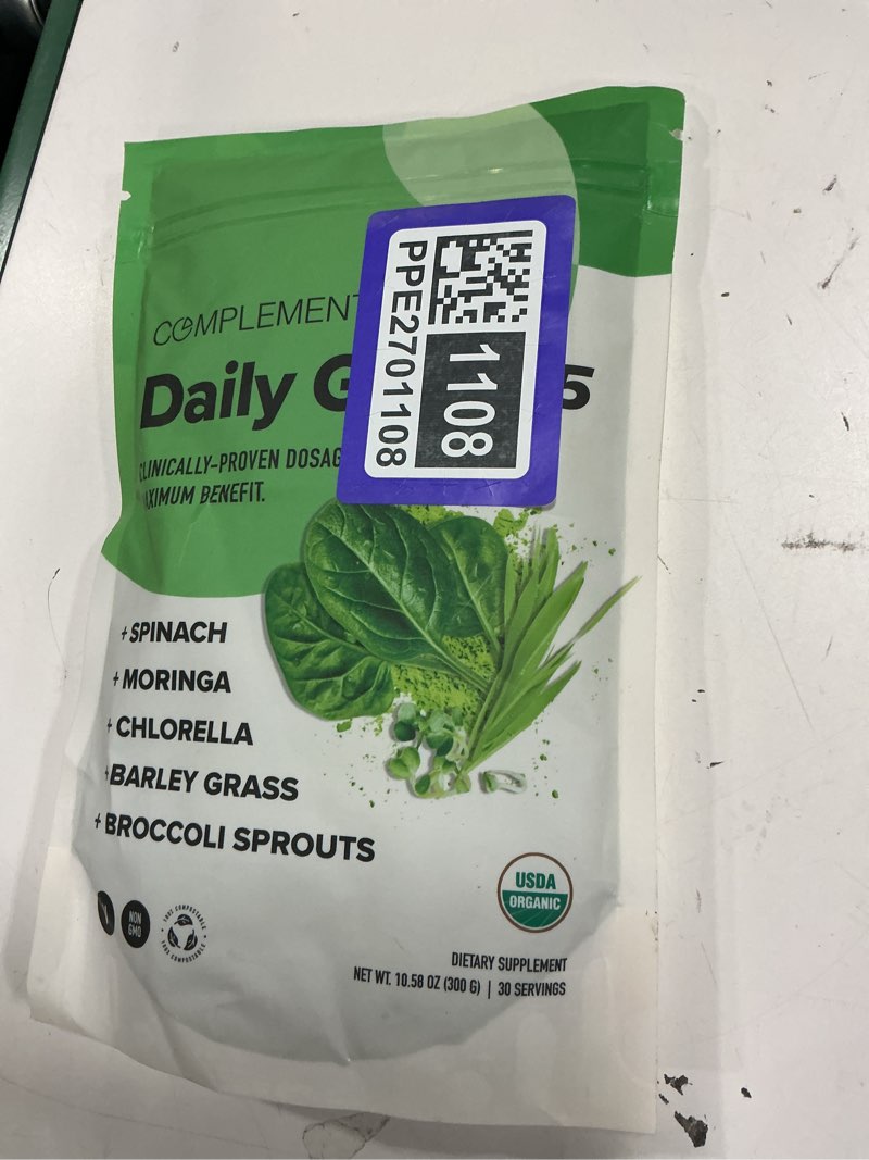 Condition photo showing New/Like New for Exp: 01/2027) Complement Daily Greens Powder, Super Greens Powder Superfood- Wholefoods, Organic Chlorella Powder, Barley Grass Juice Powder, Broccoli Sprouts- Immune Support, Brain Health, Metal Detox- 30 Servings 30 Servings (Pack of 1)