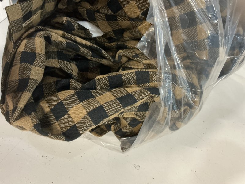 Condition photo showing As Is for vhc brands black check scalloped panel set of 2 84x40 country rustic design, black and tan 40"w x 84"l (pack of 2) black