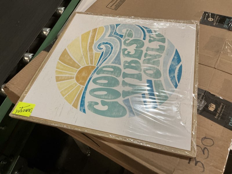 Condition photo showing New/Like New for Open Road Brands Good Vibes Only Wall Art - Retro Beachy Wood Wall Decor for Living Room, Sunroom or Bathroom Blue/Orange
