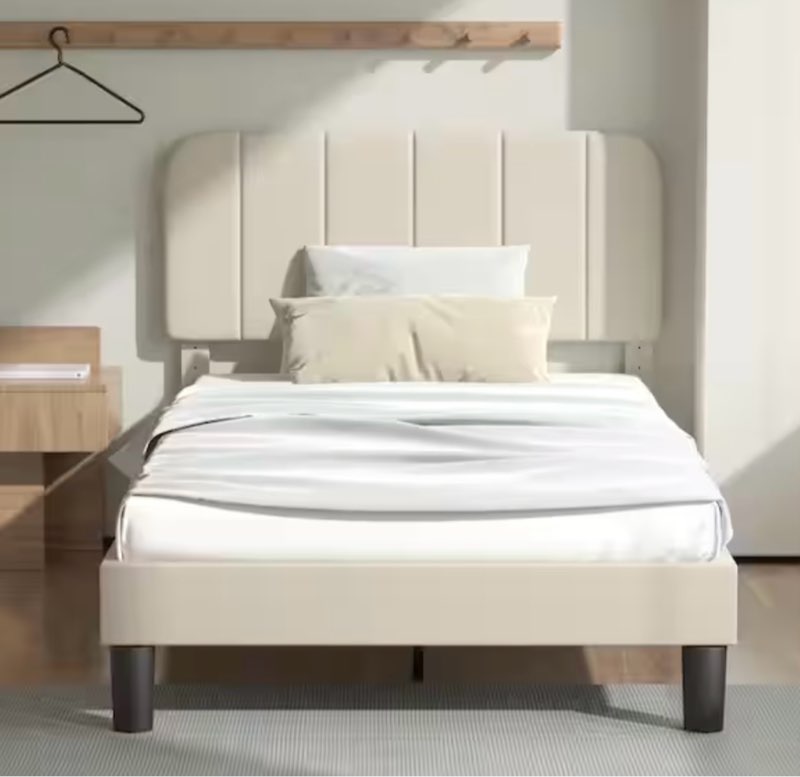 upholstered bed frame, twin platform bed frame with adjustable headboard, strong wooden slats support, beige