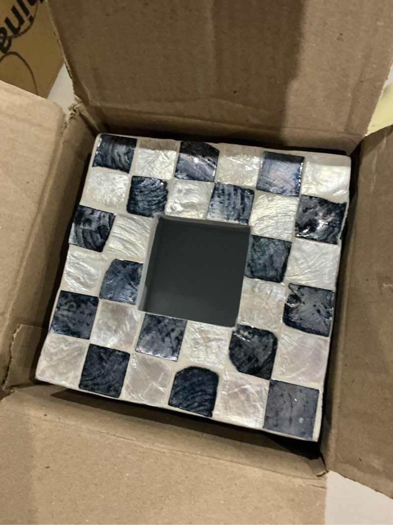 Condition photo showing Good Condition for 5.7" square tissue box cover for kleenex and more, handmade blue & white checkered capiz shell tissue holder, decorative cube tissue box cover for bathroom, living room, bedroom or office sapphire blue
