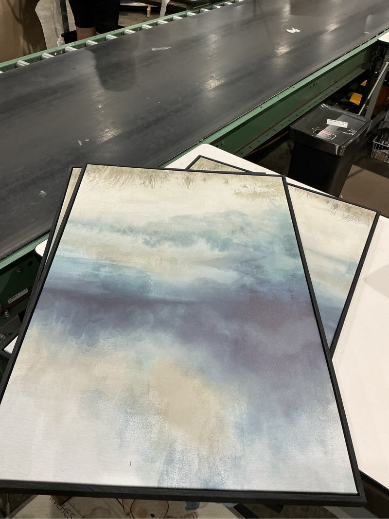 Condition photo showing Good Condition for large framed abstract nature landscape wall art for living room, 3 piece blue watercolor canvas prints paintings artwork for walls, misty lake mountain pictures for hallway office wall decor 24x36 in 24" w x 36" h x 3pcs misty lake