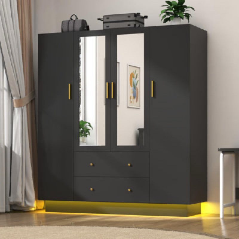 Armoire Wardrobe Closet With Mirror & Led Light, 4 Door Wooden Storage Cabinet With Drawers, Spacious Armoire With Hanging Rod & Adjustable Shelves Color: Black