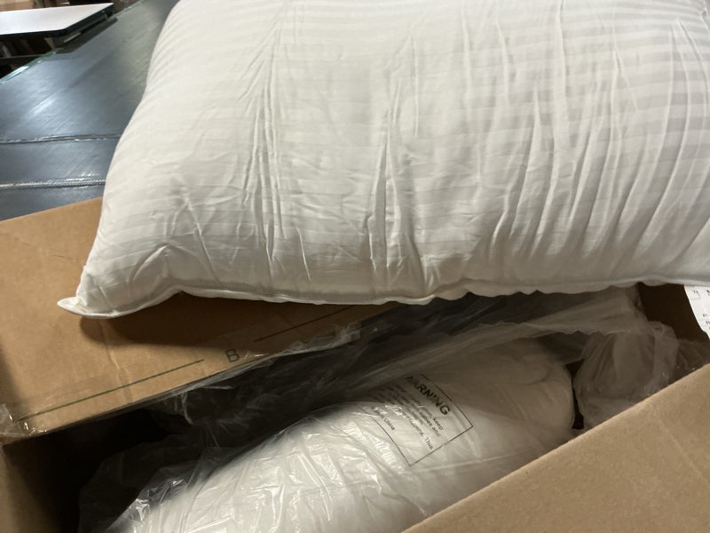 Condition photo showing As Is for blue ridge home fashions medium soft bed pillows queen size set of 2, 400 thread count 100% cotton, never go flat down alternative gusseted support pillow for back or side sleepers, standard, white