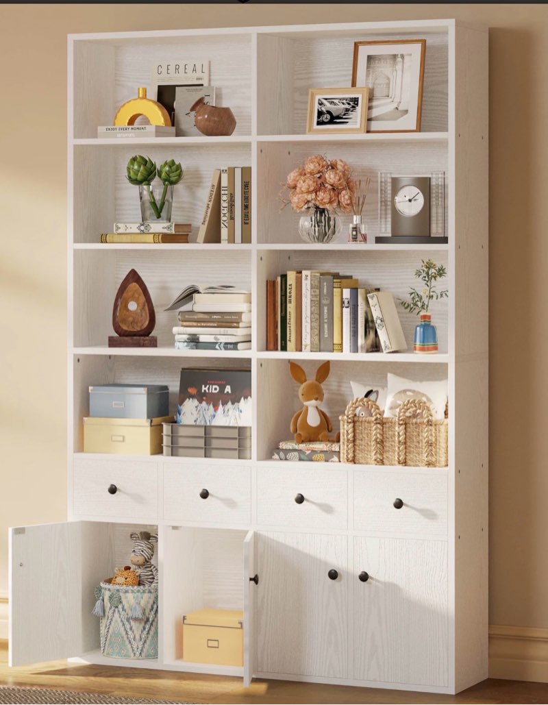 IRONCK 78.7\" Bookcase with 4 Drawers and 4 Doors, 6 Tier Large Bookshelf white  Storage, Floor Standing Display Storage Shelves, Tall Storage Cabinet for Living Room (Vintage white ) | 4 Drawers, 4 Doors, Large Bookshelf, with Storage, Tall Storage Cabinet