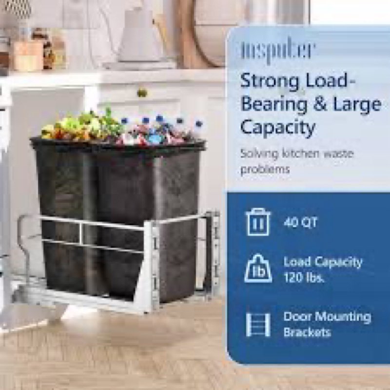 Insputer Double 40QT Pull Out Trash Can Under Cabinet, Heavy Duty Under Sink Garbage Bin Kit with So