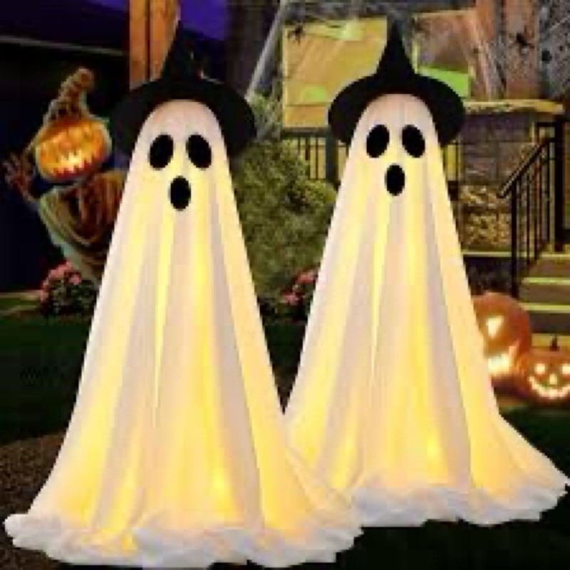 halloween decorations outdoor indoor with timer, 2 pcs lighted cute ghost decorations with witch hat