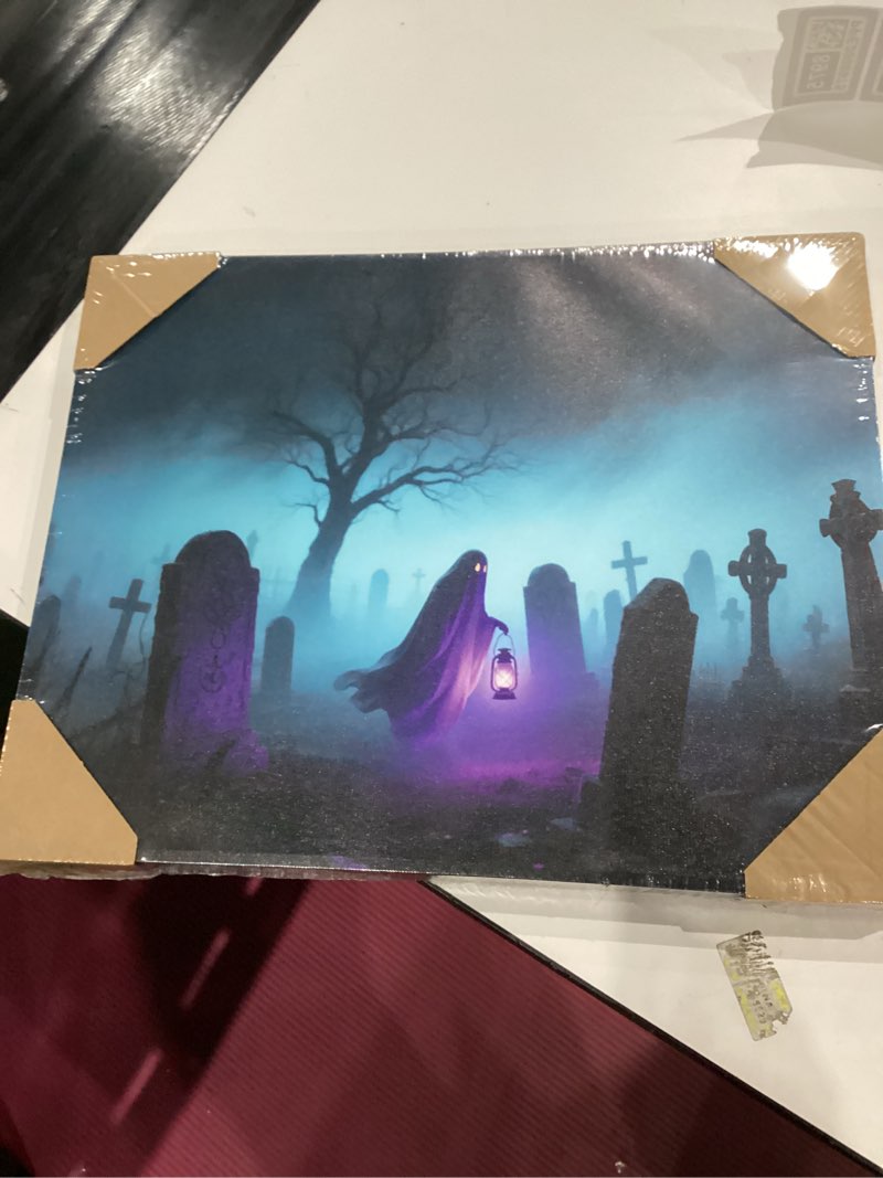 Spectral Harvest\" large stretched canvas wall art with a spooky ghost and graveyard theme