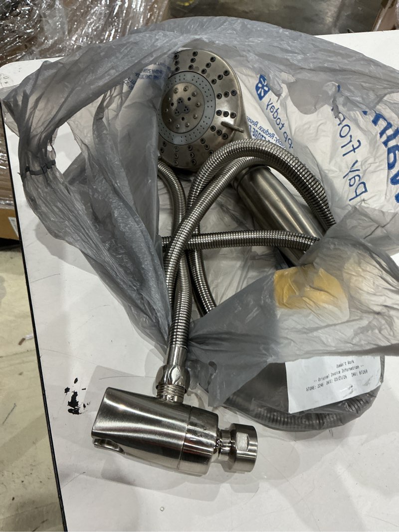 Condition photo showing As Is for sprite pure spray 7 -spray brushed nickel 5-in round rain filtered high pressure handheld