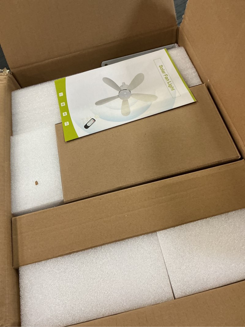 Condition photo showing New/Like New for 21” solar ceiling fan light, 30w solar powered portable gazebo fan with remote, wireless battery operated ceiling fan light outdoor, for camping rvs tent patio canopy chicken coop outside large fan light