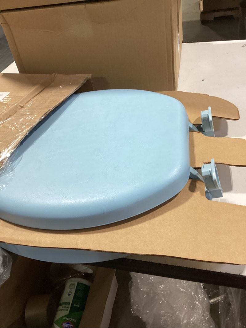 Condition photo showing Good Condition for Mayfair Padded Toilet Seat, Cushioned Soft Vinyl over Wood Core Seat, Secure Hinges, Easy Clean, Round, Sky Blue Round Sky Blue Toilet Seat