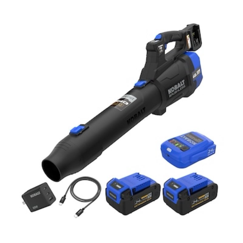 kobalt 48v max (24vx2) 600 cfm / 150 mph handheld leaf blower kit, (2) 4.0ah charger not included