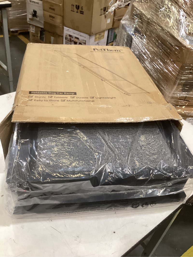 Condition photo showing Good Condition for petthem dog ramp for car 71'' x-long & 17.2" wide folding dog ramps for large dogs with non-slip rug surface portable dog car ramp for suv car & truck, outdoor dog ramp up to 250 lbs 71" l x 17.2" w with dog pattern upgraded