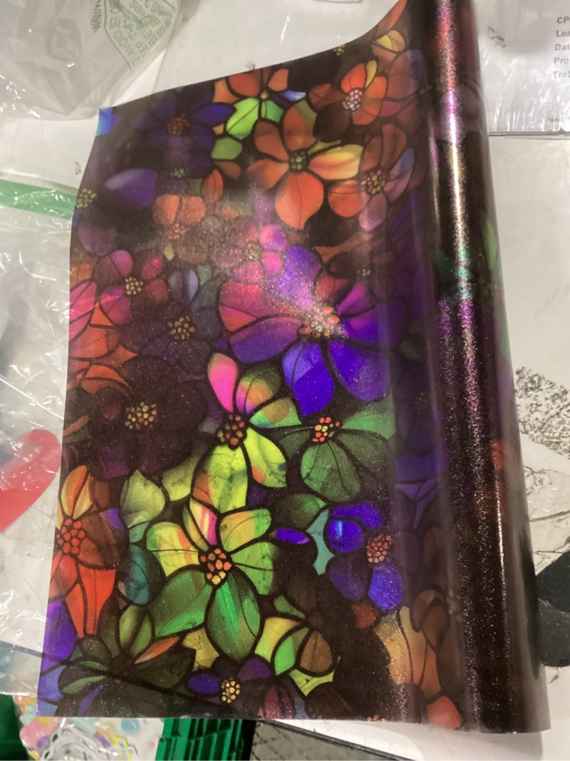 Condition photo showing As Is for pink blue purple red flowers stained glass window films decorative double-side privacy film self-adhesive static glass window clings for living room bathroom glass windows decor blue/pink/red