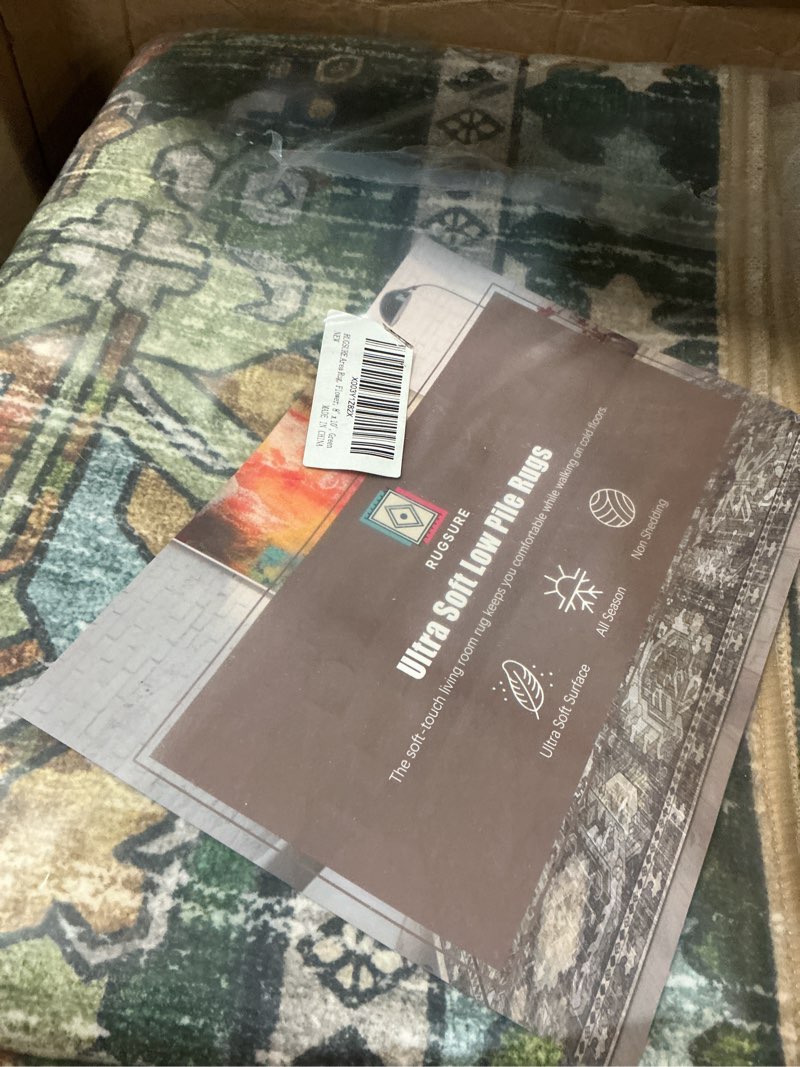 Condition photo showing New/Like New for RUGSURE Washable Area Rugs - Perfect for Living Room, Bedroom, Kids Room, Nursery - Stain & Water Resistant Non-Slip, Pet & Child Friendly, Vintage Tribal Area Rugs (Green, 8' x 10') Green 8' x 10' (Rectangular)