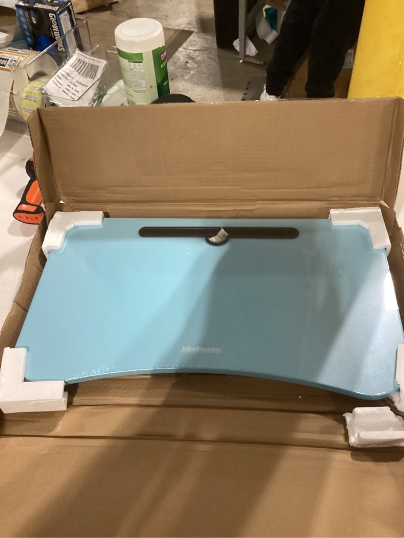 Condition photo showing New/Like New for Mind Reader Lap Desk Laptop Stand, Bed Tray, Folding Legs, Couch Table, Portable, MDF, 23.25" L x 13.75" W x 10.5" H, Blue