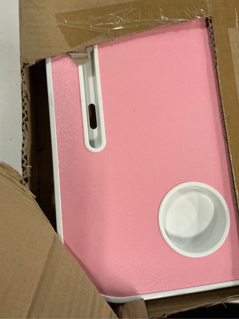 Condition photo showing As Is for folding lap desk, 23.6 inch wood laptop bed desk with cup holder, portable bed table for working writing reading & eating for bed, sofa, couch, floor - pink