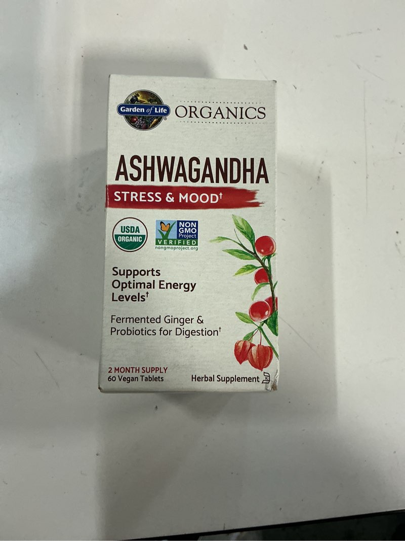 Condition photo showing New/Like New for Garden of Life Organic Ashwagandha Supplement with Probiotics & Ginger - Stress, Mood & Energy Support, Vegan, Gluten Free, Non GMO, 2 Month Supply, 60 Tablets(BEST BY 03/2026)